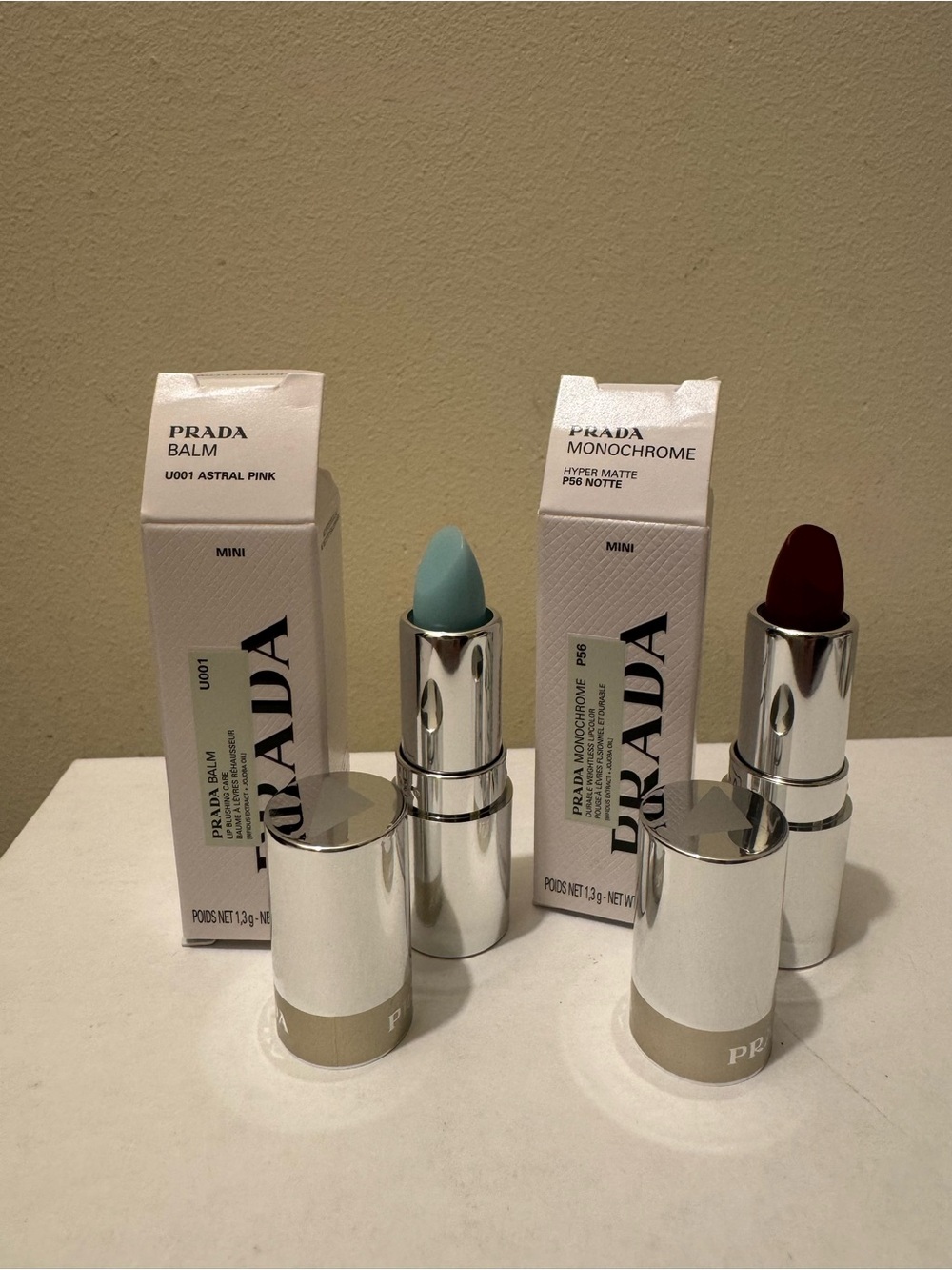 BNIB Prada Beauty Mini Lip Duo-Balm U001 Astral Pink & Monochrome Lipstick P56
